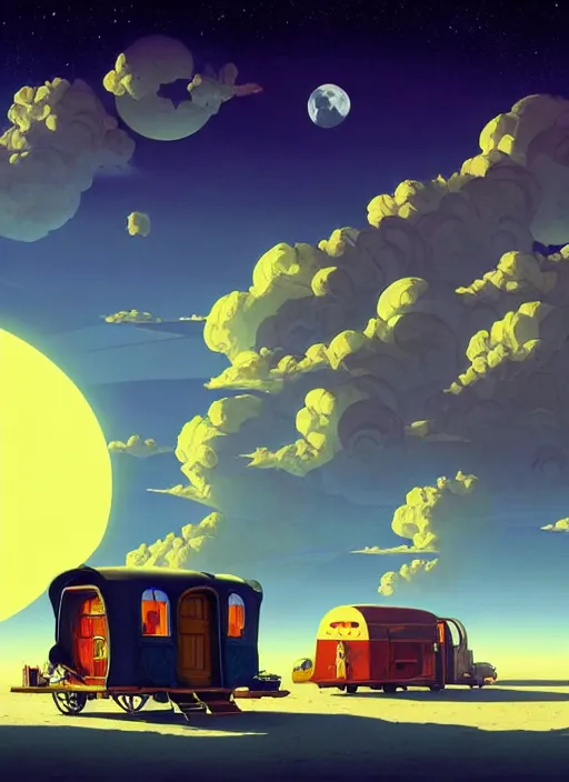 Image similar to gypsy caravan by paolo eleuteri serpieri and tomer hanuka and chesley bonestell and daniel merriam and tomokazu matsuyama, clouds, moon, sun, unreal engine, high resolution render, featured on artstation, octane, 8 k, highly intricate details, vivid colors