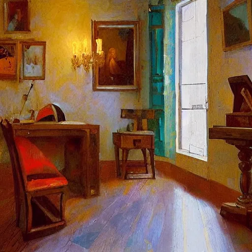 Image similar to a cozy little office nook, dmitry spiros, leonardo da vinci, jacques - louis david, johannes vermeer, 8 k, wide angle,