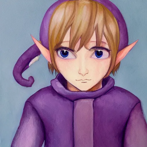 Image similar to little elf boy, purple tunic, soft hair. light color palate, detailed soft painting, made in abyss art style, anatomically correct, inspired in balthus