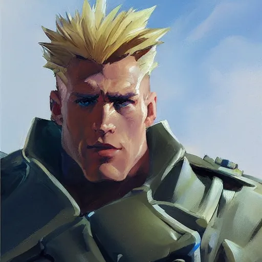 Prompt: greg manchess portrait painting of guile from street fighter as overwatch character, medium shot, asymmetrical, profile picture, organic painting, sunny day, matte painting, bold shapes, hard edges, street art, trending on artstation, by huang guangjian and gil elvgren and jon foster