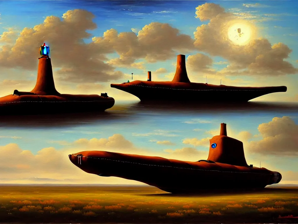 Image similar to an old oil painting of a gothic submarine in a great steppe, trending on artstation