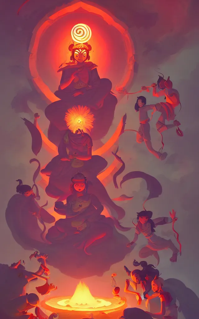 Prompt: Tibetan Book of the Dead Opening a Portal to Bardo, in the Style of Atey Ghailan and Mike Mignola and Artgerm, vibrant colors, hard shadows, Comic Cover Art, trending on artstation