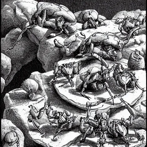 Prompt: anthromoroph ants building a ciry. epic game landscape shot. Highly detailed pen and ink. D&D art by Michelangelo