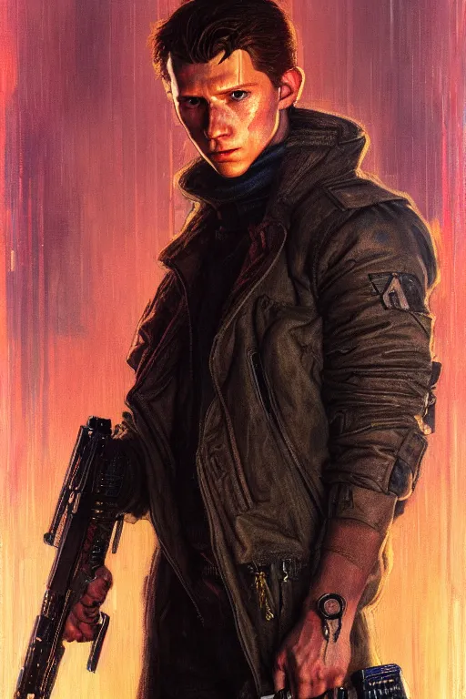 Image similar to character portrait cyberpunk blade runner 2 0 4 9 tom holland, character design, painting by gaston bussiere, katsuya terada, frank frazetta, tom of finland, trending on artstation