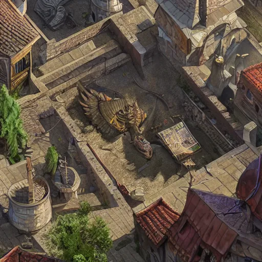 Image similar to a topdown battlemap from 9 0 degrees angle of a medieval town alley, dnd encounter, dawn, dark fantasy, extremely detailed, no people, photorealistic, octane render, 8 k, unreal engine 5. art by artgerm and greg rutkowski and alphonse mucha