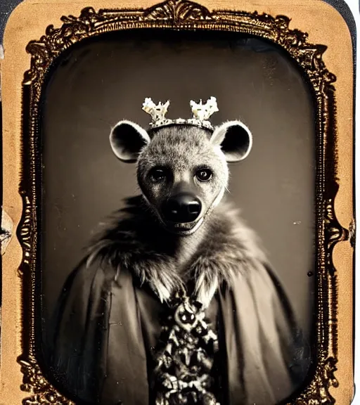 Prompt: professional studio photo portrait of anthro anthropomorphic spotted hyena head animal person fursona smug smiling wearing crown diadem elaborate pompous royal king robes clothes degraded medium by Louis Daguerre daguerreotype tintype