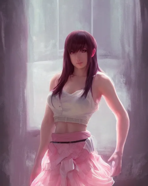 Image similar to tifa lockhart in pastel pink lace skirt, portrait, illustration, rim light, top light, perfectly shaded, soft painting, art by ross tran, krenz cushart and wenjun lin