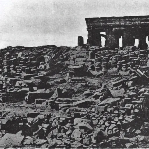 Prompt: black and white grainy newspaper photo from 1898 of an ancient ruined temple found in antarctica