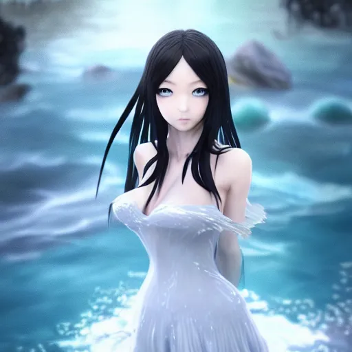 Image similar to advanced digital art, a very beautiful realistic anime girl wearing a dress made of water standing in a crystal lake , full body, very long black hair, azure blue watery eyes, full round face, seductive stare, cinematic lighting, medium shot, mid-shot, highly detailed, trending on artstation, Unreal Engine 4k, Stanley Artgerm Lau, WLOP, Rossdraws, James Jean, Andrei Riabovitchev, Marc Simonetti, and Sakimichan