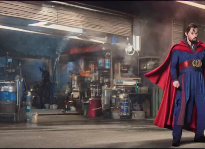 Image similar to film still of Doctor Strange working at a car wash in the new Avengers movie, 4k