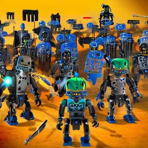 Image similar to an army of bionicle ready to overtake playmobil kingdom, high quality, very detailed, 4k