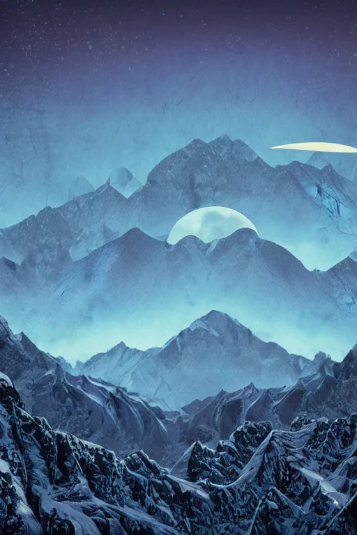 Image similar to digital matte fantasy dreamy mountain scape dark tones snow, crescent moon, wolf, 8 k by alex grey