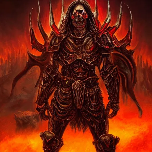 Prompt: the portrait of Chuck Schuldiner in a demonic hellish armor, epic fantasy art, award winning on Artstation, 4k uhd