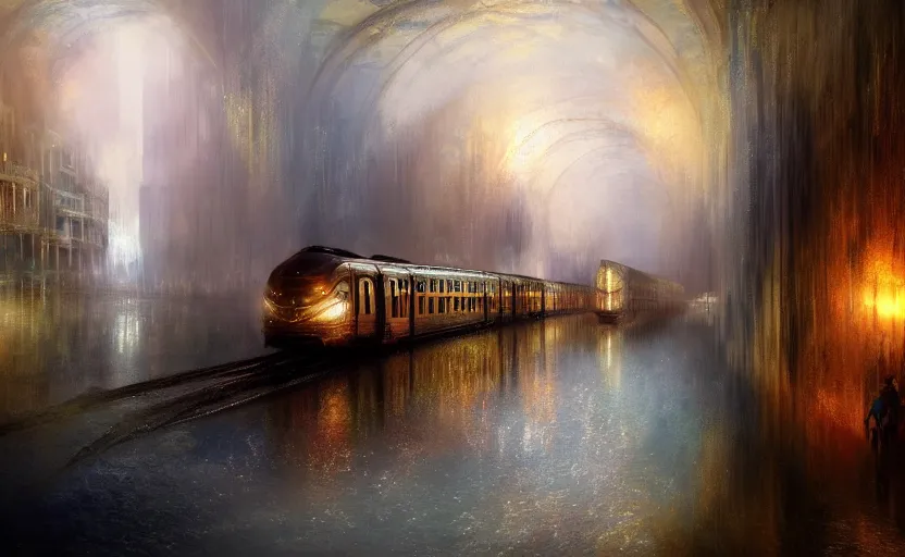 Image similar to an urban train rides inside of a waterway on a fantasy city. by artstation trending, by joseph mallord william turner, luis royo, konstantin razumov, cinematic lighting, fractal flame, highly detailed