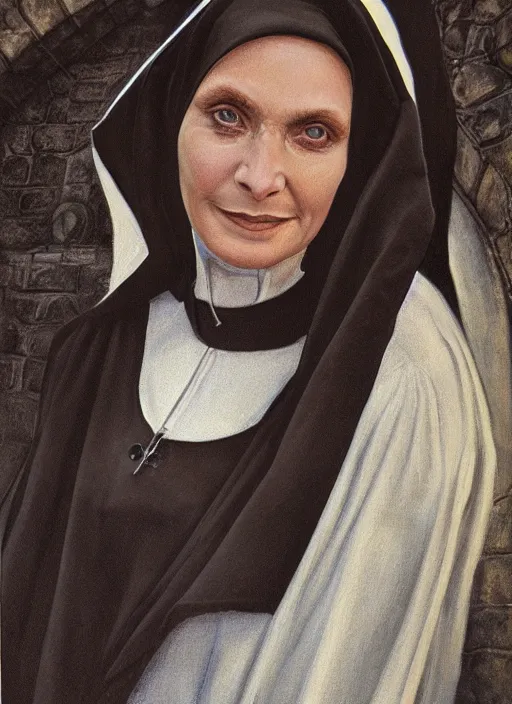 Prompt: closeup earl norem portrait of a gothic nun in the cloisters, selfie style, depth of field, zeiss lens, detailed, symmetrical, centered, fashion photoshoot, by annie leibovitz and steve mccurry, david lazar, jimmy nelsson, breathtaking, 8 k resolution, extremely detailed, beautiful, establishing shot, artistic, hyperrealistic, beautiful face, octane render