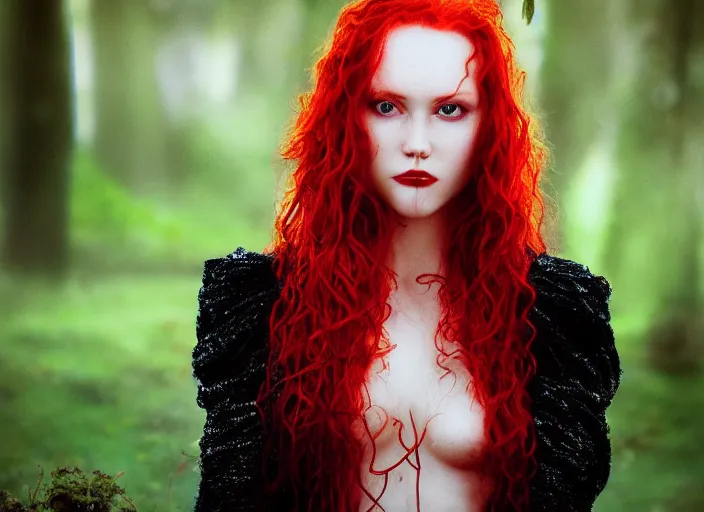 Image similar to award winning 3 5 mm close up face portrait photo of a redhead with blood - red wavy hair and intricate eyes that look like crystals, in a park by luis royo