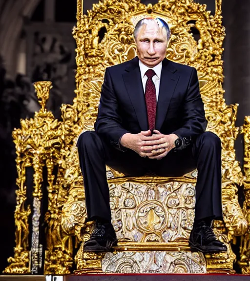 Image similar to A photo of vladimir putin the barbarian sitting on his throne, award winning photography, sigma 85mm Lens F/1.4, perfect faces