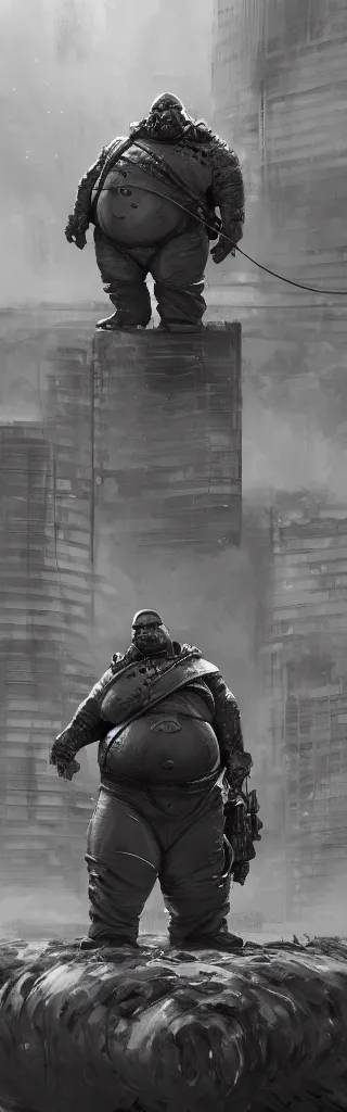 Image similar to portrait of a fat man sci fi soldier ranger, brutalist city architecture, dark epic, cables and wires, high details, ceremonial clouds, dripping paint, fibonacci rhythm, artstation, art germ, wlop, pablo dominguez, sabbas apterus, award - winning, artstation