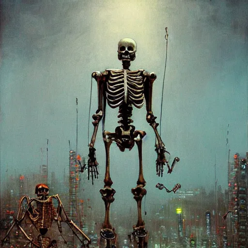 Prompt: cyborg skeleton robot, sharp boney angles, wires and lights exposed, skeleton has guns for hands, detailed cyberpunk city in background, beksinski style oil pairing on canvas, highly detailed