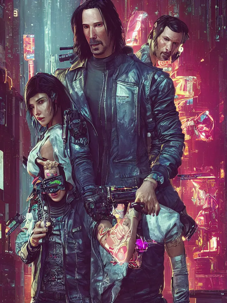 Prompt: a cyberpunk 2077 couple portrait of Keanu Reeves as Johnny Silverhand and female V in daily life ,love story, pray, hug, hold, kiss, film lighting, by Josan Gonzalez,Andrei Riabovitchev, Tom Bagshaw,Laurie Greasley, Dan Mumford, John Wick, Speed, Replicas, Destination Wedding, The Lake House, artstation, full of color, Digital painting, face enhance, highly detailed,8K, octane, golden ratio, cinematic lighting