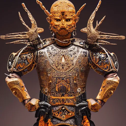 Image similar to an intricate photography portrait of a enigmatic terracota warrior soldier made of obsidian carving metal in a golden desert, extremely detailed, ornate, biomechanical, by wlop by jungyeonmin, james jean jhonseru jsezz, greg rutkowski, lens orbs, global illumination, japandi, hyperreal, micro details