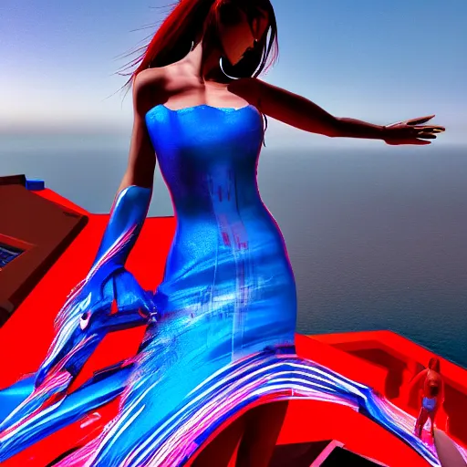 Image similar to cyberpunk girl wearing a red and blue swirling dress, standing on a Santorini terrace looking down into the ocean, trending on artstation, cinematic, photorealistic