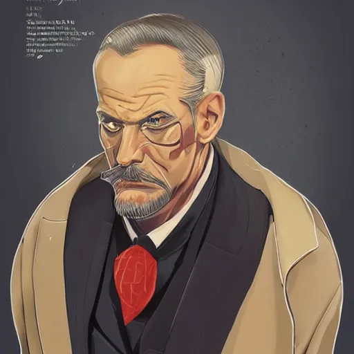 Prompt: a portrait of a stern, elegantly dressed, heavy set older man with a round face and a salt and pepper goatee, wearing a smart smoking jacket and cravatte, in the style of a soviet era propaganda poster, cyberpunk dark fantasy art, official fanart behance hd artstation by jesper ejsing
