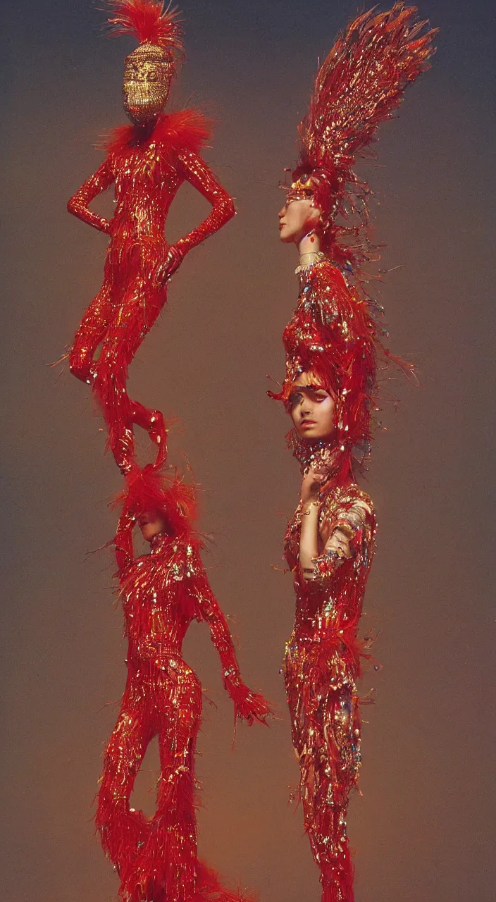 Prompt: a full - body female character design wearing a red sequined bodysuit, beads hanging over her face like an alexander mcqueen headdress, costume by eiko ishioka, haute couture by moebius, steven outram, colorful and psychedelic