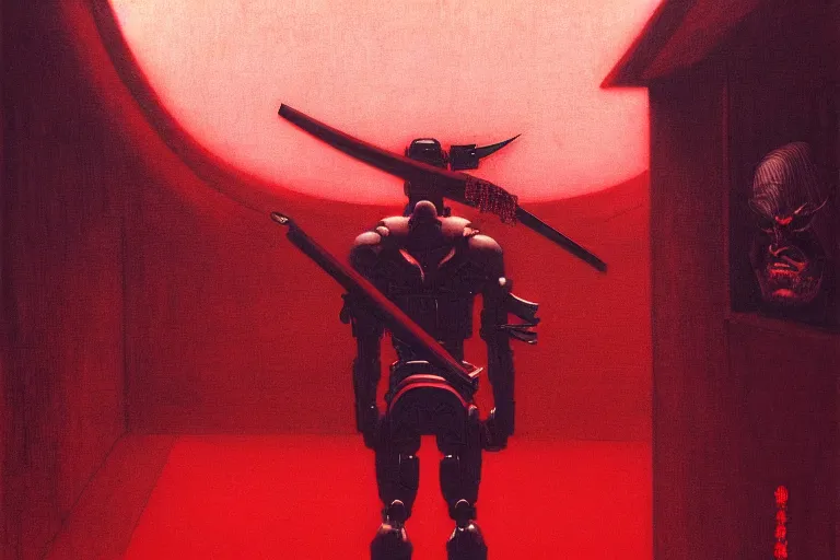 Image similar to only with red, a red cyborg samurai, tokio futuristic in background, some evil yokai, in the style of beksinski, parts by edward hopper, parts by rodcenko, parts by yue minjun, intricate and epic composition, red by caravaggio, insanely quality, highly detailed, masterpiece, red light, artstation, 4 k