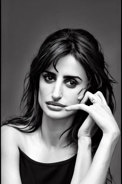 Image similar to photo portrait of penelope cruz, realistic, black and white, in style of phil borges