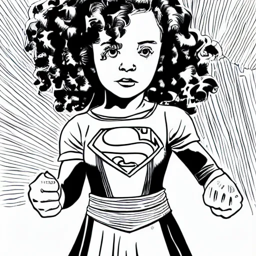 Prompt: clean simple line art of a little girl with short wavy curly hair. she is a superhero, wearing a superhero costume. white background. well composed, clean black and white line drawing, beautiful detailed face. illustration by charlie adlard and steve ditko