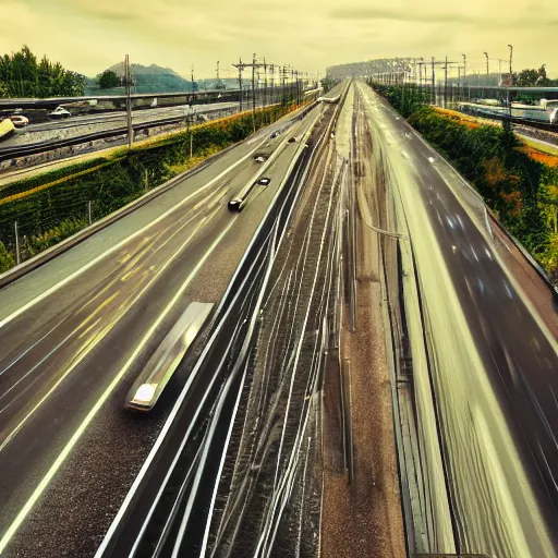 Image similar to a stunning aesthetic wallpaper of a highway full of traffic with a train track and bus lane, photograph, 8 k, motion blur, soft focus, cinematic lighting, trending on flicker.