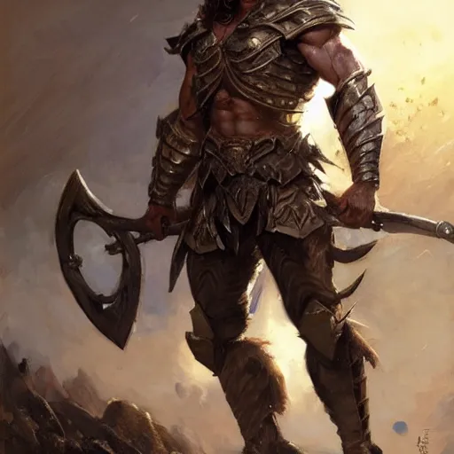 Prompt: a fierce and muscular male warrior in full armor, muscular, handsome, fantasy character portrait by greg rutkowski, gaston bussiere, craig mullins, simon bisley