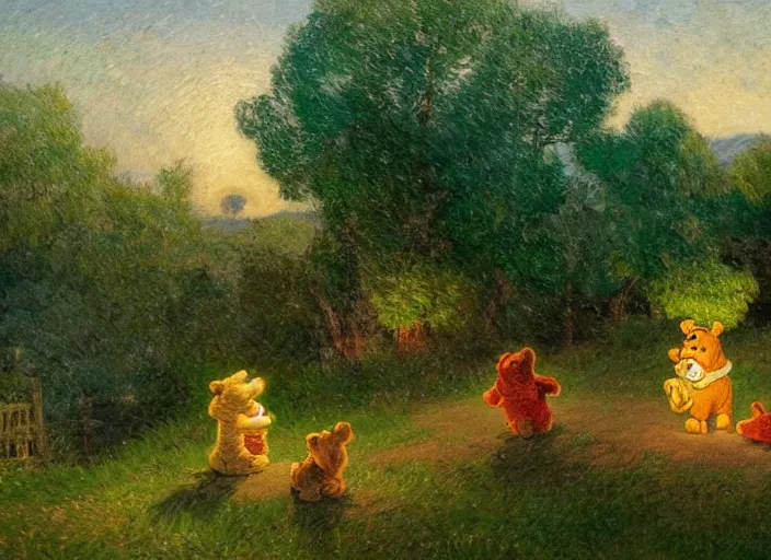 Image similar to romanticism impressionism landscape painting of winnie the pooh characters at night, night time, paper lanterns, string lights, in the style of hudson river school and thomas cole and albert bierstadt and vincent van gogh