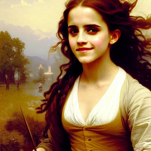 Image similar to Painting of Emma Watson as Hermione Granger. Smiling. Happy. Cheerful. Art by william adolphe bouguereau. During golden hour. Extremely detailed. Beautiful. 4K. Award winning.