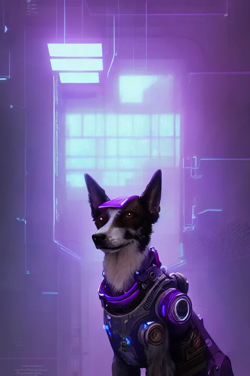 Image similar to a beautiful portrait of a cute cyberpunk dog by greg rutkowski and wlop, purple blue color scheme, high key lighting, volumetric light, digital art, highly detailed, fine detail, intricate, ornate, complex, octane render, unreal engine, photorealistic