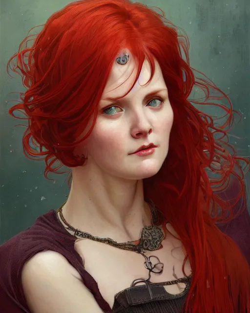 Image similar to portrait of short and plump 5 0 - year - old woman with red hair and a kind face, hyper realistic face, beautiful eyes, close up, fantasy art, in the style of greg rutkowski, intricate, alphonse mucha, hyper detailed, smooth