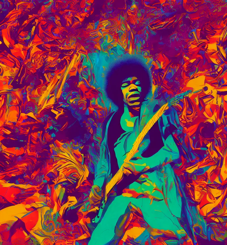 Image similar to jimi hendrix full body, colourful afrofuturist biomorphic opart in background, octane render 8 k, pascal blanche, roger dean, james jean, moebius, syd mead, killian eng, scifi, 8 k