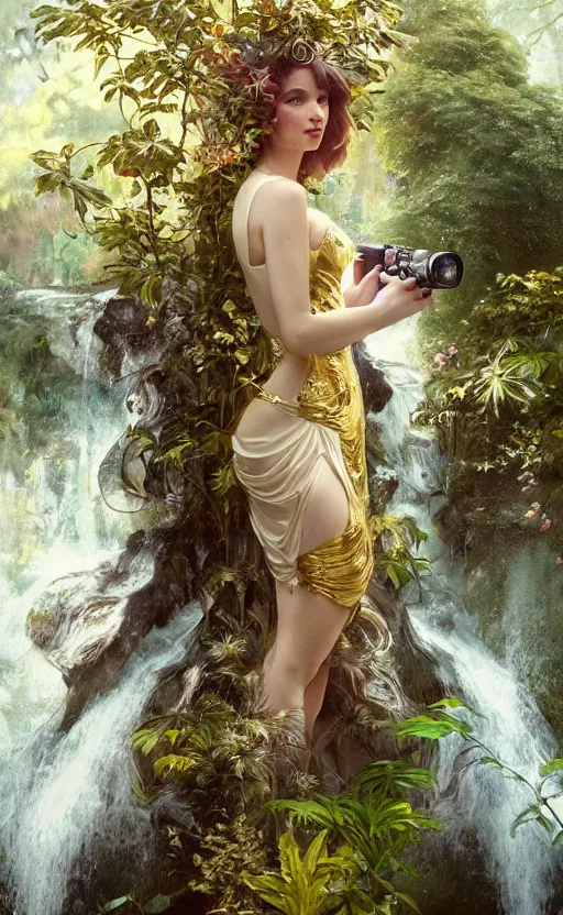 Image similar to hyper realistic photographer looking through a vintage medium format camera, taking pictures, magic pouring from lens, fantasy castle, full body waterfall water dress, design on white background, beautiful details, lush foliage cyberpunk, gold, drawn by john singer sargent, tom bagshaw, norman rockwell, alphonso mucha, lolish, trending on artstation