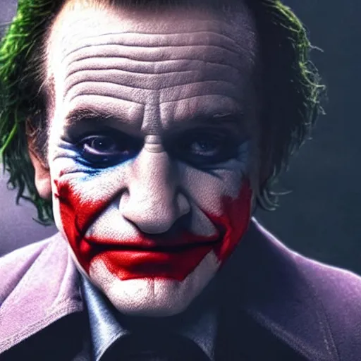 Image similar to stunning awe inspiring ( robin williams ) as the joker 8 k hdr movie still atmospheric lighting