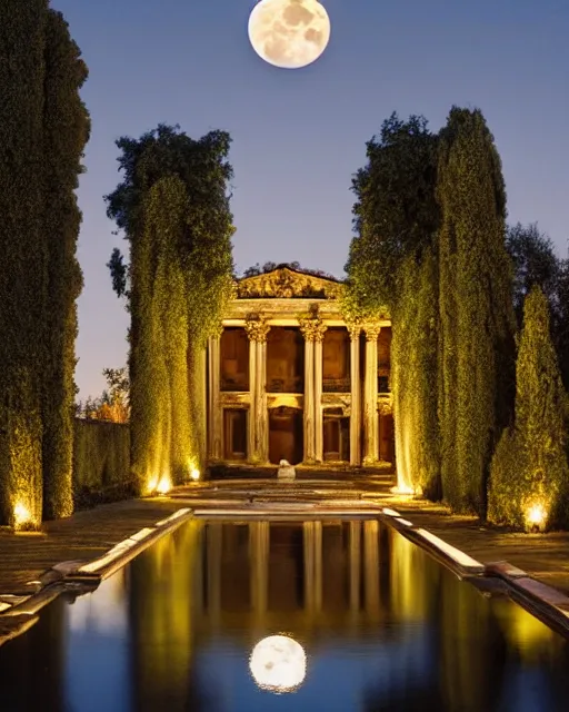 Prompt: photo of beautiful rococo courtyard under moonlight, large glowing moon, pool with rippling reflections, weeping willows and flowers, hellenistic sculptures and grand roman columns, romantic, archdaily,