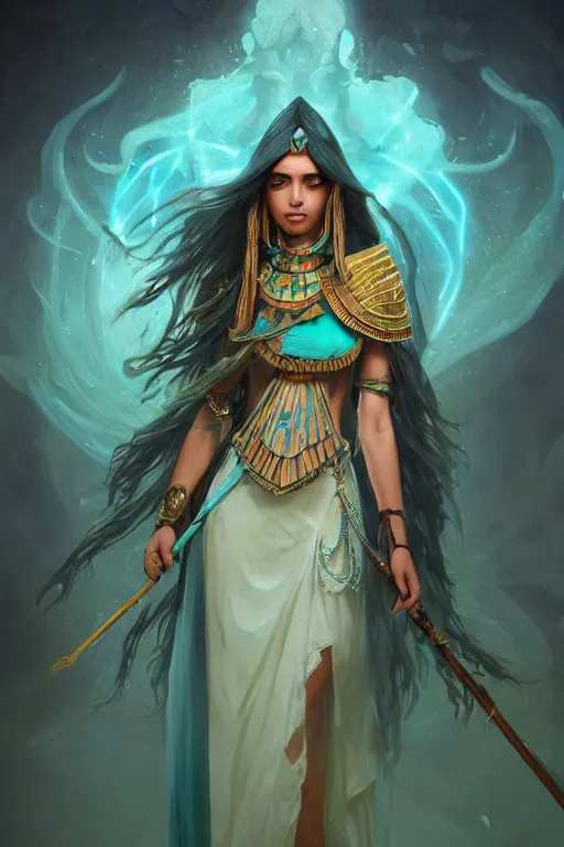 Prompt: beautiful wizard female with teal skin, full body shot, long hair made of seaweeds, egyptian clothing, with a wooden stuff, d & d, fantasy, intricate, elegant, highly detailed, digital painting, artstation, concept art, matte, sharp focus, illustration, hearthstone, art by artgerm and greg rutkowski and alphonse mucha