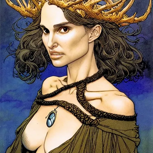 Image similar to a realistic portrait of natalie portman as a druidic wizard looking at the camera with an intelligent but seductive gaze by rebecca guay, michael kaluta, charles vess and jean moebius giraud