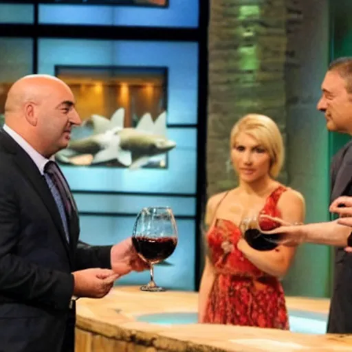 Image similar to Cook Chief Kevin O'Leary selling bottle of wine in front of other sharks, in Shark Tank (2016)