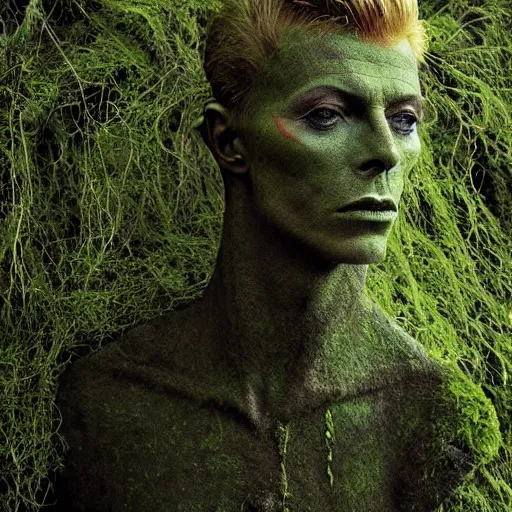 Prompt: Award-winning photograph by Mar Mann. The photo depicts a gigantic decaying roman bust of David Bowie overgrown with moss at the middle of a rainforest. Minimalism, high definition, perfect composition. Very dark. Volumetric Lighting. Darkness. Ruins