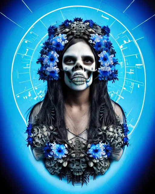 Image similar to hyperrealistic award winning photo of a tribal cyberpunk woman wearing ivory carved skull as helmet with blue and white flowers growing out of the skull by beeple