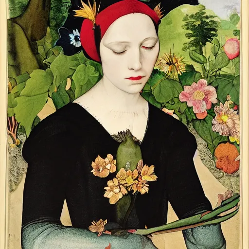 Image similar to portrait of a harpy girl with antlers changing into a flower in a botanical garden, fashion editorial by hans holbein, alexej von jawlensky, clifford judson huss, full body