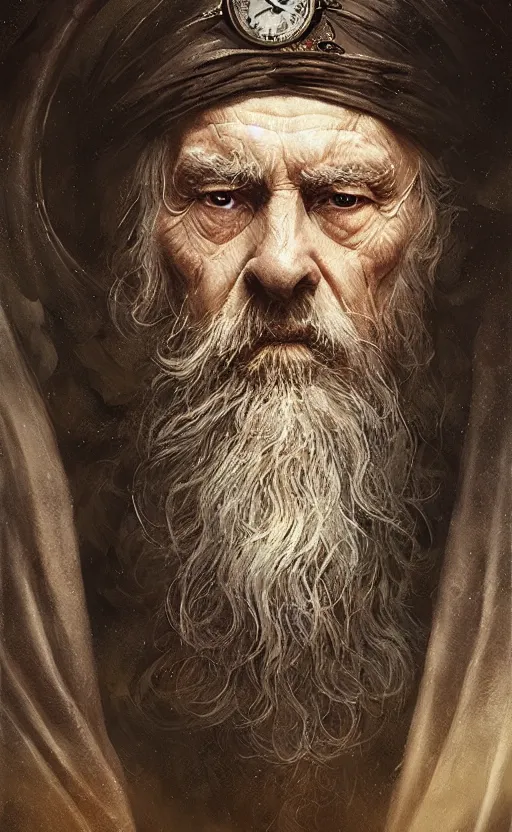 Image similar to Portrait of an elderly wizard with a long beard and a cloak with clock iconography, male, detailed face, fantasy, highly detailed, cinematic lighting, digital art painting by greg rutkowski