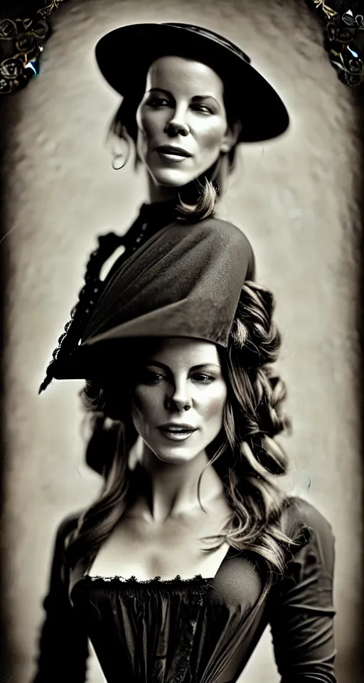 Image similar to digital collodion photograph, a beautiful portrait of Kate Beckinsale dressed in victorian era clothes