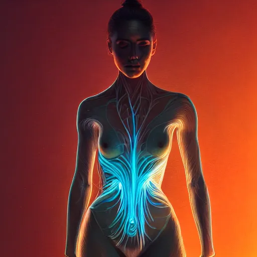 Image similar to detailed intricate digital illustration by greg rutkowski and artgerm and wlop and sanford robinson gifford ; yoga pose, bioluminescent, radiant veins glowing through skin ; 1 3 mm film, arri alfa anamorphic lens, sharp focus ; dark background, lit from behind, light going through skin, trending on artstation 8 k